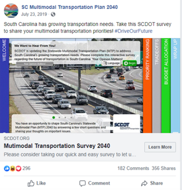 SCDOT MTP MetroQuest Survey Facebook Boosted Post